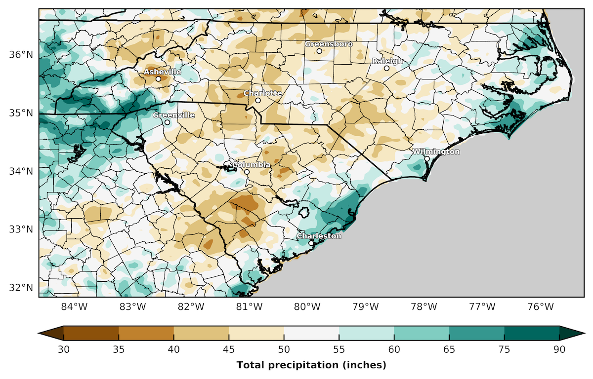 map showing the total annual precipitation in the Carolinas (using radar enhanced data)